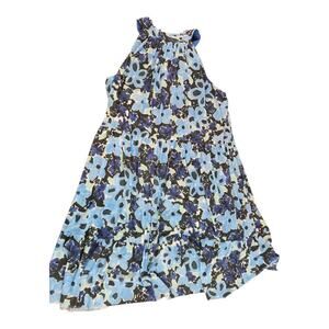Donna Morgan Dress sz 14 blue floral print lined ruffle sleeveless mini keyhole